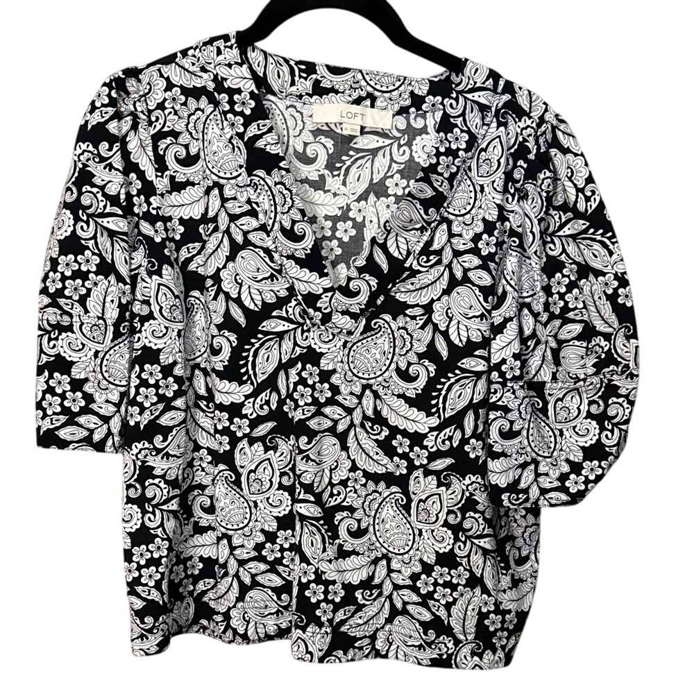 LOFT Black White Paisley V Neck 3/4 Sleeve Top Blouse XS